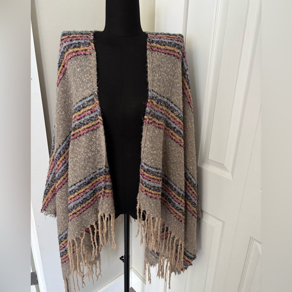 Multicolor Striped Fringe Shawl Poncho - OS - Soft Lightweight